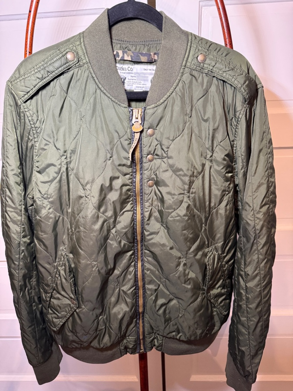 Men’s Diesel Quilted Bomber Jacket Olive Green Military Lightweight